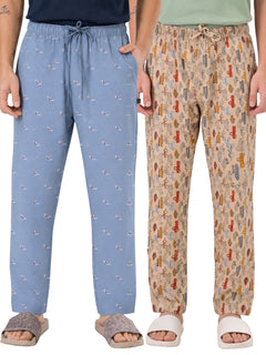 Boxy Crew Men's Cotton Lounge Pyjama Pack of 2 - Sky Blue & Beige, No Marks Elastic, Zipper Pocket product view 8