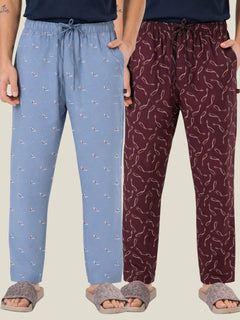 Boxy Crew Men's Cotton Lounge Pyjama Pack of 2 - Sky Blue & Maroon, No Marks Elastic, Zipper Pocket front studio view