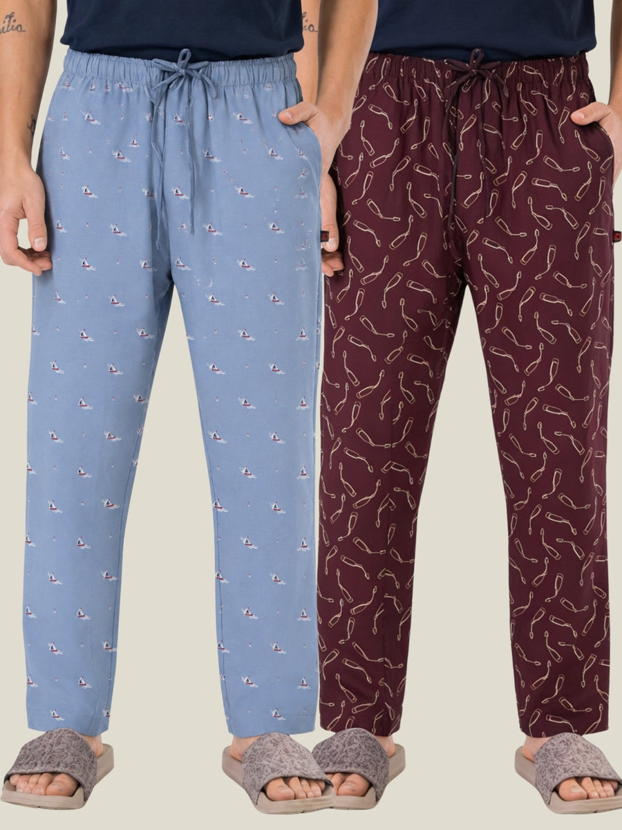 Boxy Crew Men's Cotton Lounge Pyjama Pack of 2 - Sky Blue & Maroon, No Marks Elastic, Zipper Pocket front studio view