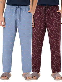 Boxy Crew Men's Cotton Lounge Pyjama Pack of 2 - Sky Blue & Maroon, No Marks Elastic, Zipper Pocket product view 8