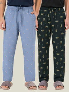Boxy Crew Men's Cotton Lounge Pyjama Pack of 2 - Sky Blue & Dark Teal, No Marks Elastic, Zipper Pocket front studio view