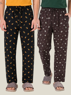 Boxy Crew Men's Cotton Lounge Pyjama Pack of 2 - Charcoal & Brown, No Marks Elastic, Zipper Pocket front studio view