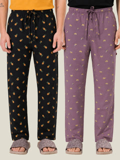 Boxy Crew Men's Cotton Lounge Pyjama Pack of 2 - Charcoal & Rose Pink, No Marks Elastic, Zipper Pocket front studio view