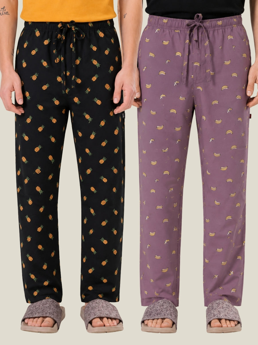 Boxy Crew Men's Cotton Lounge Pyjama Pack of 2 - Charcoal & Rose Pink, No Marks Elastic, Zipper Pocket front studio view