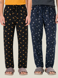 Boxy Crew Men's Cotton Lounge Pyjama Pack of 2 - Charcoal & Navy Blue, No Marks Elastic, Zipper Pocket front studio view