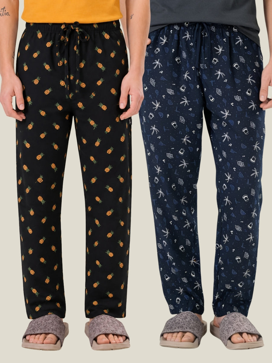 Boxy Crew Men's Cotton Lounge Pyjama Pack of 2 - Charcoal & Navy Blue, No Marks Elastic, Zipper Pocket front studio view