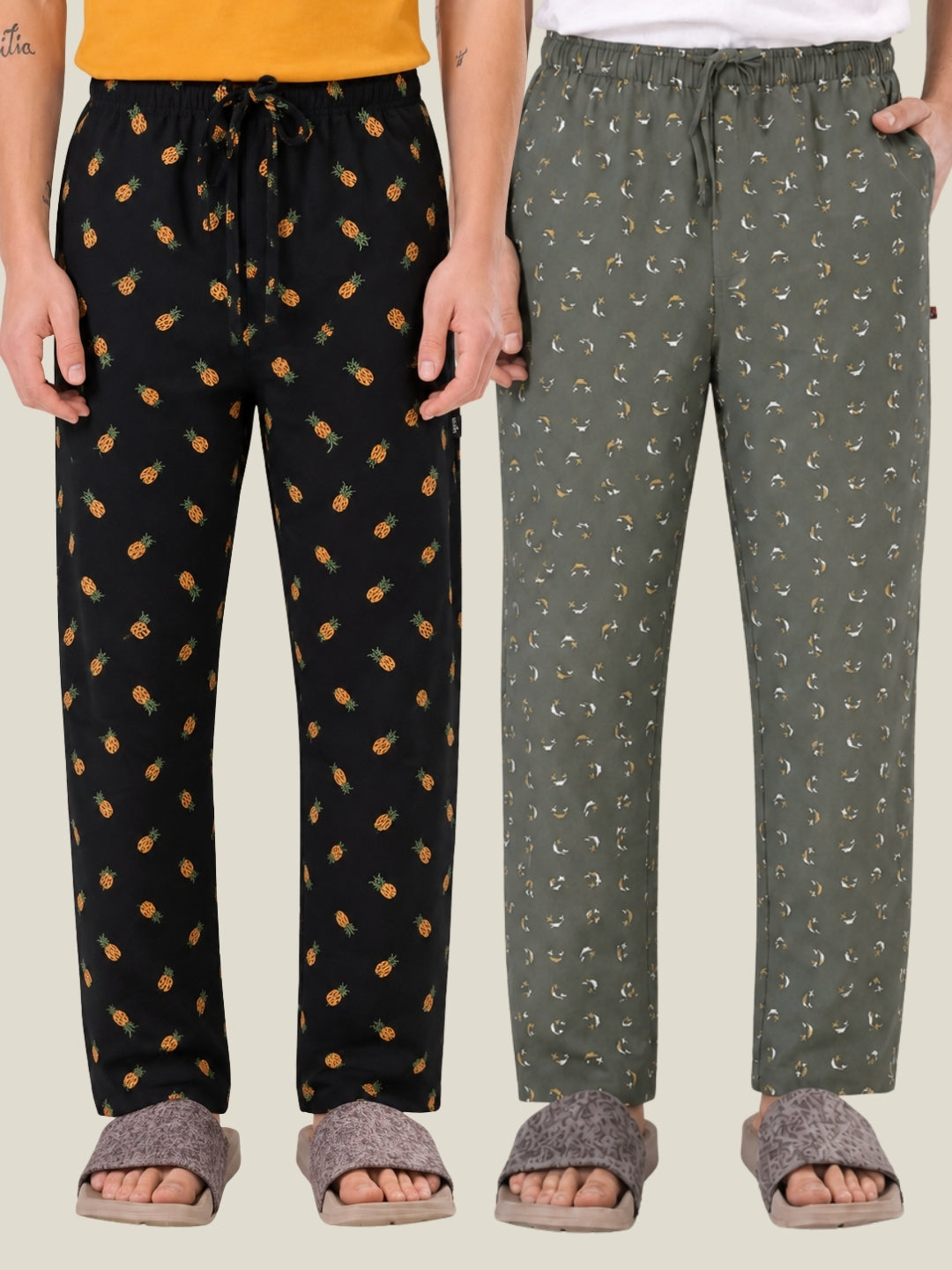Boxy Crew Men's Cotton Lounge Pyjama Pack of 2 - Charcoal & Green, No Marks Elastic, Zipper Pocket front studio view