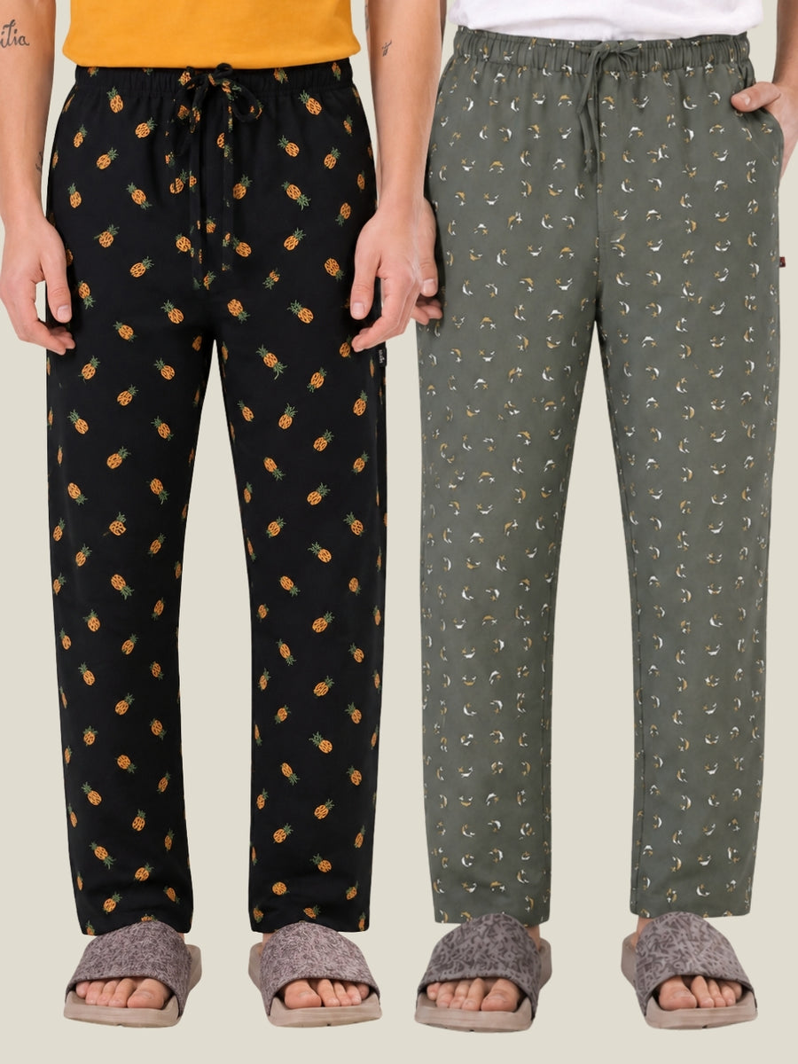 Boxy Crew Men's Cotton Lounge Pyjama Pack of 2 - Charcoal & Green, No Marks Elastic, Zipper Pocket front studio view