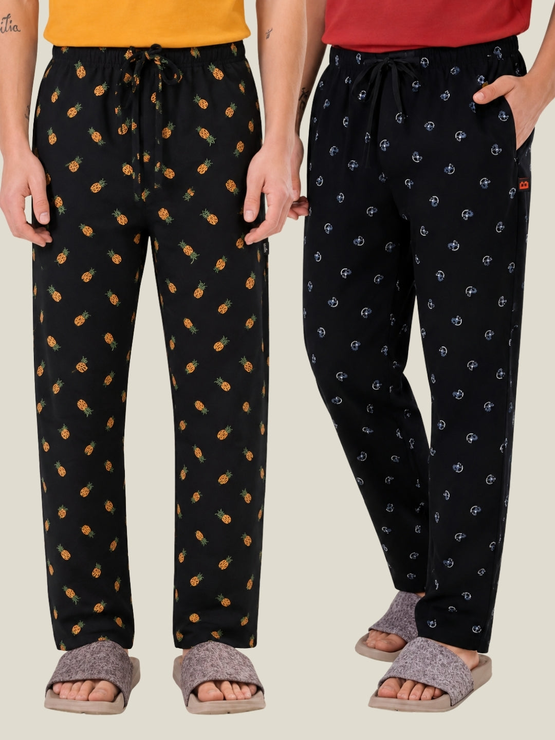 Boxy Crew Men's Cotton Lounge Pyjama Pack of 2 - Charcoal & Navy Blue, No Marks Elastic, Zipper Pocket front studio view
