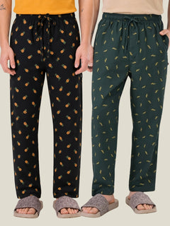 Boxy Crew Men's Cotton Lounge Pyjama Pack of 2 - Charcoal & Dark Teal, No Marks Elastic, Zipper Pocket front studio view