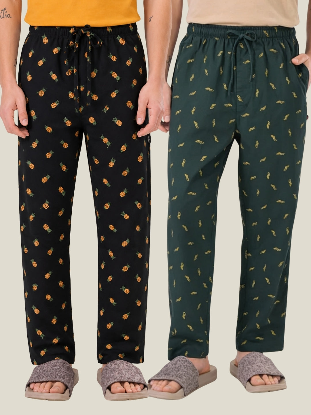 Boxy Crew Men's Cotton Lounge Pyjama Pack of 2 - Charcoal & Dark Teal, No Marks Elastic, Zipper Pocket front studio view