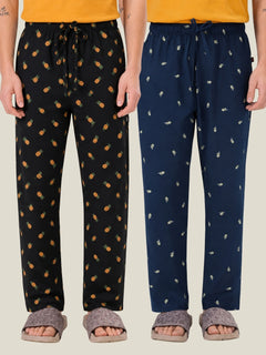 Boxy Crew Men's Cotton Lounge Pyjama Pack of 2 - Charcoal & Navy Blue, No Marks Elastic, Zipper Pocket front studio view