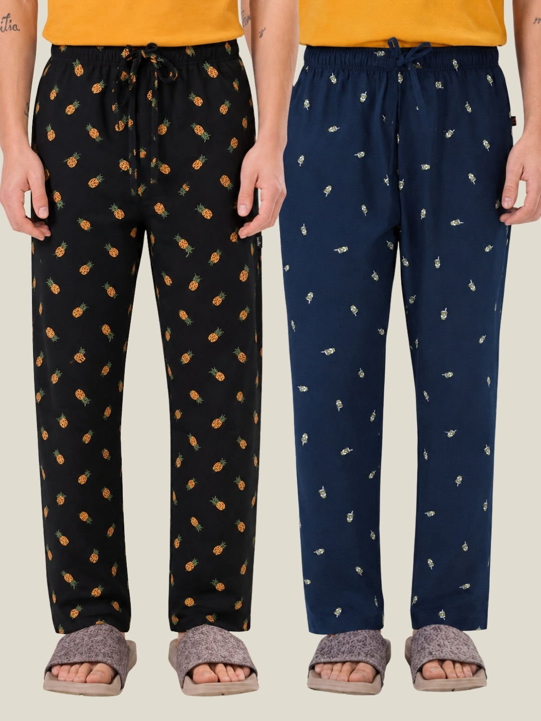 Boxy Crew Men's Cotton Lounge Pyjama Pack of 2 - Charcoal & Navy Blue, No Marks Elastic, Zipper Pocket front studio view