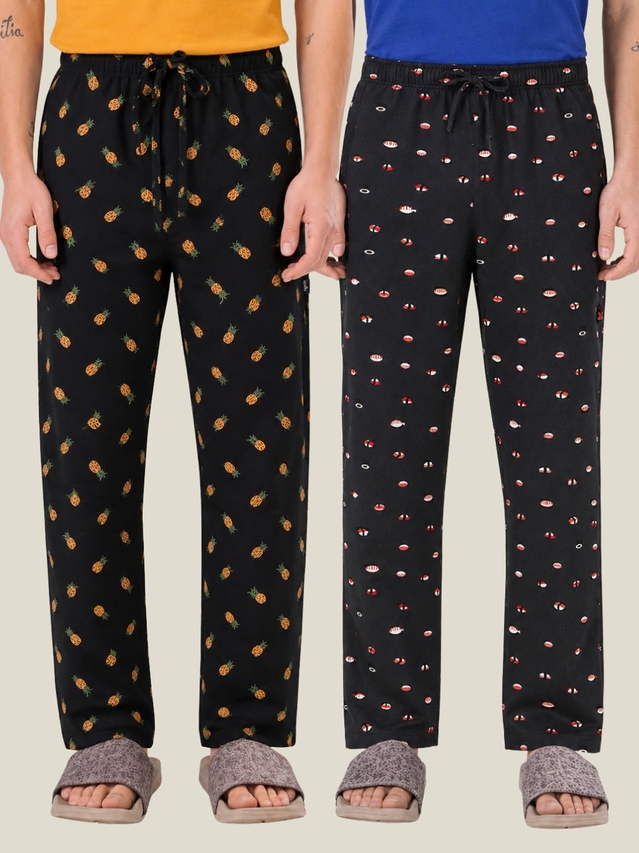Boxy Crew Men's Cotton Lounge Pyjama Pack of 2 - Charcoal & Charcoal, No Marks Elastic, Zipper Pocket front studio view