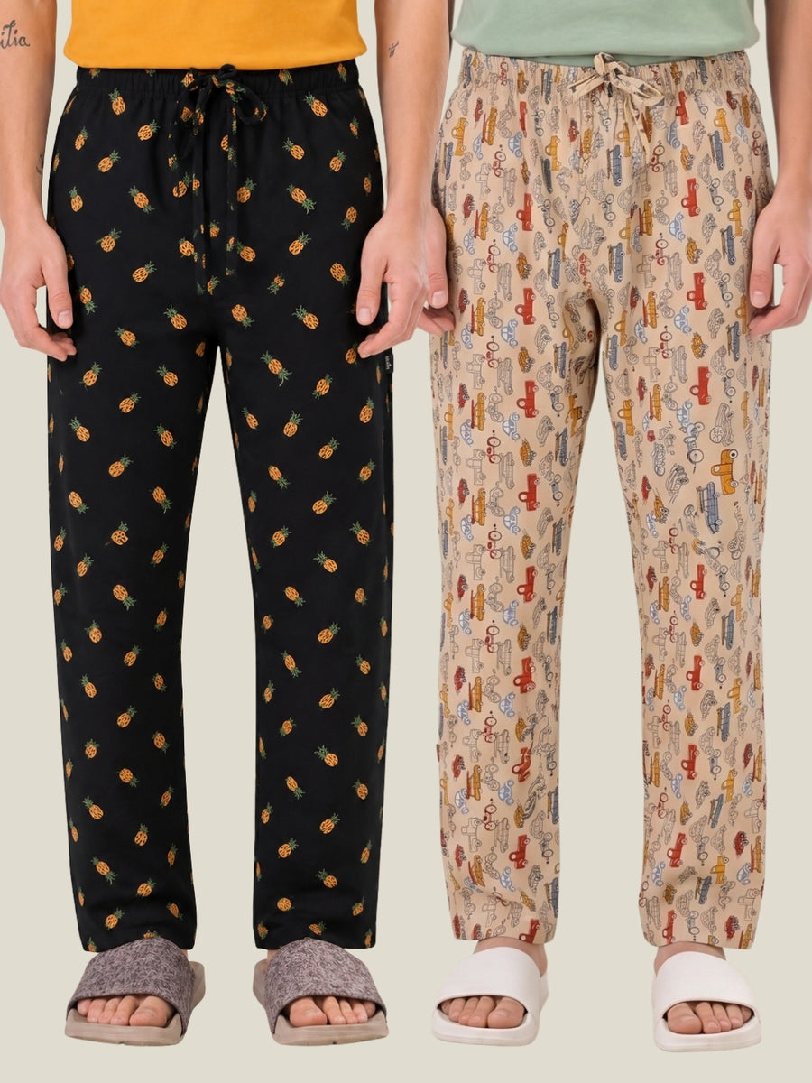 Boxy Crew Men's Cotton Lounge Pyjama Pack of 2 - Charcoal & Beige, No Marks Elastic, Zipper Pocket front studio view