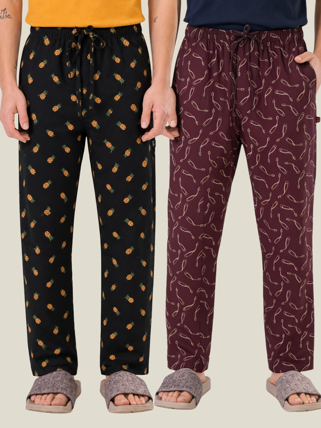 Boxy Crew Men's Cotton Lounge Pyjama Pack of 2 - Charcoal & Maroon, No Marks Elastic, Zipper Pocket front studio view