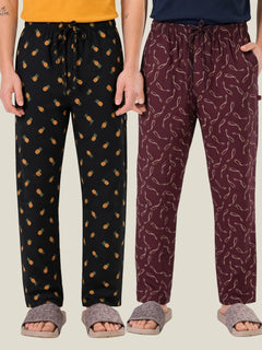 Boxy Crew Men's Cotton Lounge Pyjama Pack of 2 - Charcoal & Maroon, No Marks Elastic, Zipper Pocket front studio view