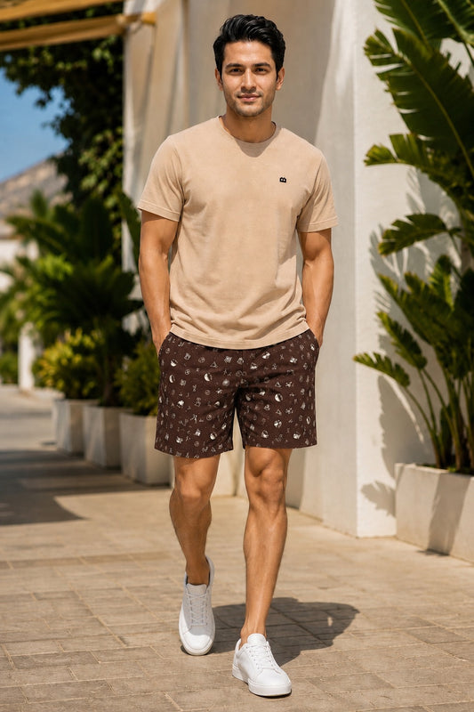 Boxy Crew Men Beige Solid T-Shirt with Brown Boxer Shorts Night Suit & Loungewear Set – product image 1