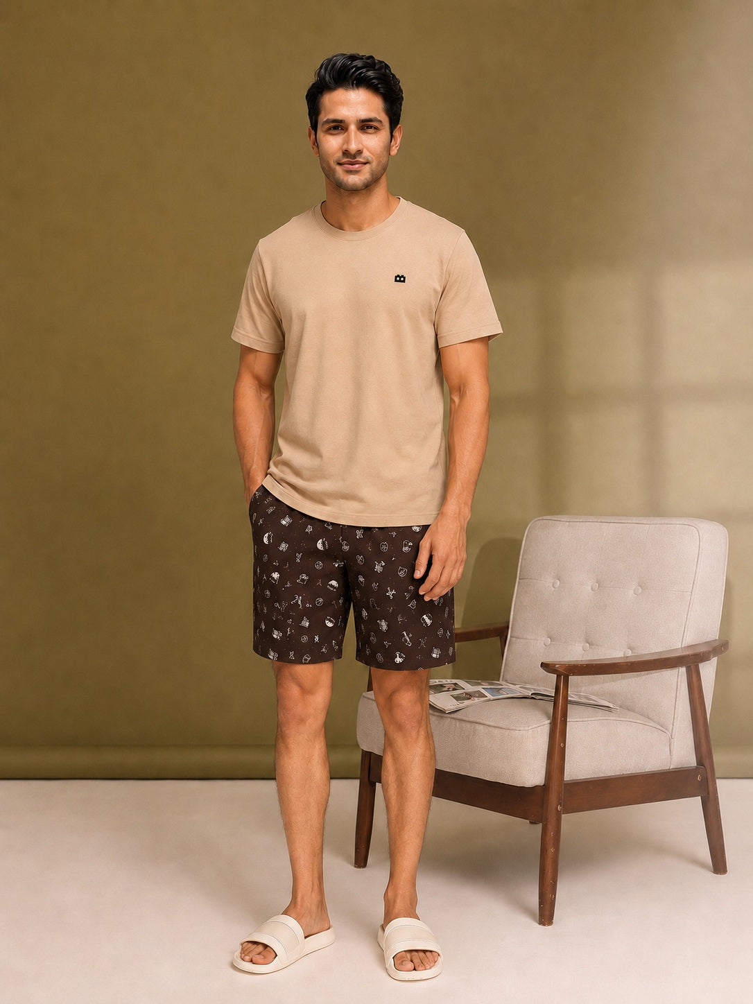Boxy Crew Men Beige Solid T-Shirt with Brown Boxer Shorts Night Suit & Loungewear Set – product image 3
