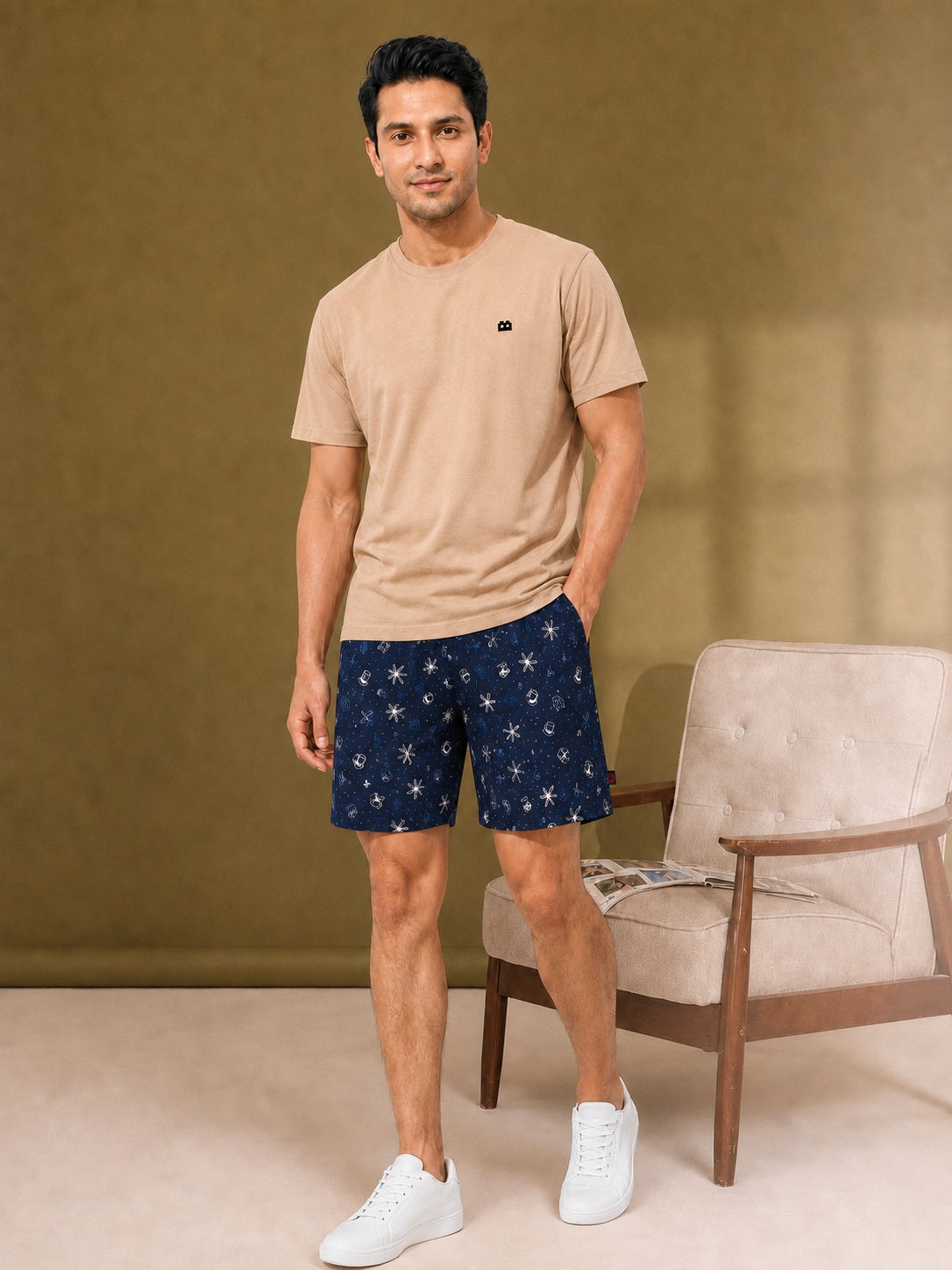 Boxy Crew Men Beige Solid T-Shirt with Navy Blue Boxer Shorts Night Suit & Loungewear Set – product image 1
