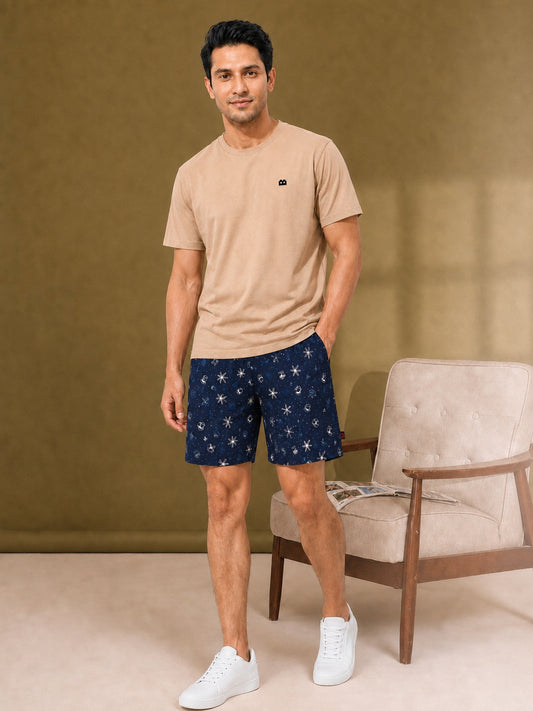 Boxy Crew Men Beige Solid T-Shirt with Navy Blue Boxer Shorts Night Suit & Loungewear Set – product image 1
