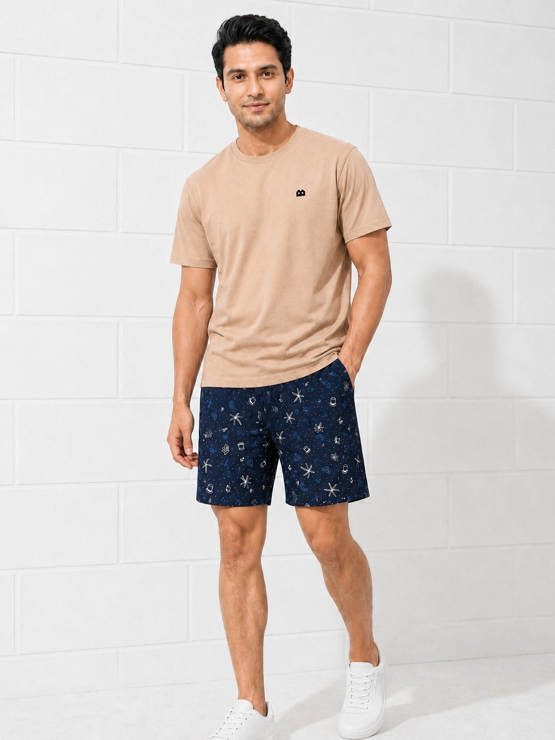 Boxy Crew Men Beige Solid T-Shirt with Navy Blue Boxer Shorts Night Suit & Loungewear Set – product image 3