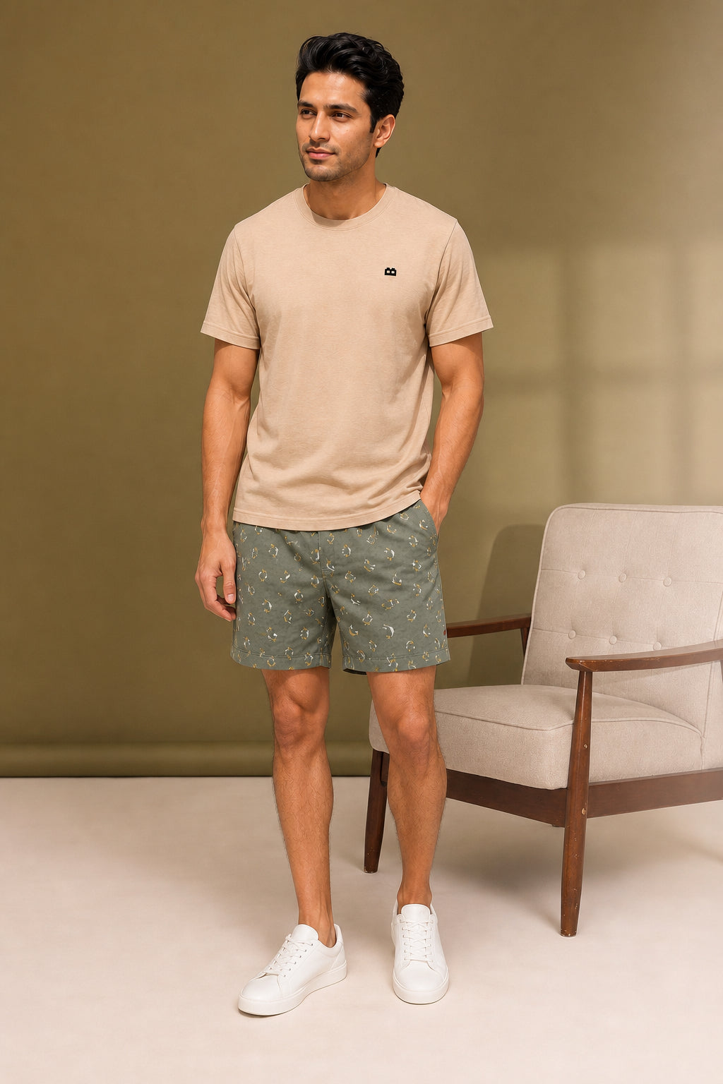 Boxy Crew Men Beige Solid T-Shirt with Green Boxer Shorts Night Suit & Loungewear Set – product image 3