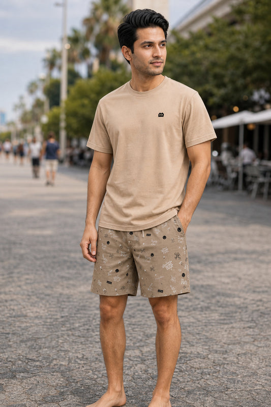 Boxy Crew Men Beige Solid T-Shirt with Dark Brown Boxer Shorts Night Suit & Loungewear Set – product image 1