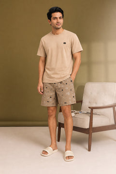 Boxy Crew Men Beige Solid T-Shirt with Dark Brown Boxer Shorts Night Suit & Loungewear Set – product image 3