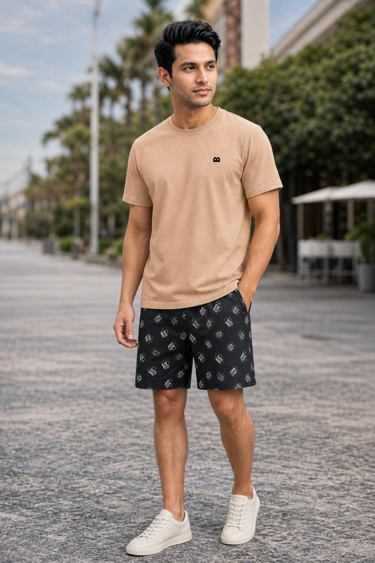 Boxy Crew Men Beige Solid T-Shirt with Dark Green Boxer Shorts Night Suit & Loungewear Set – product image 1