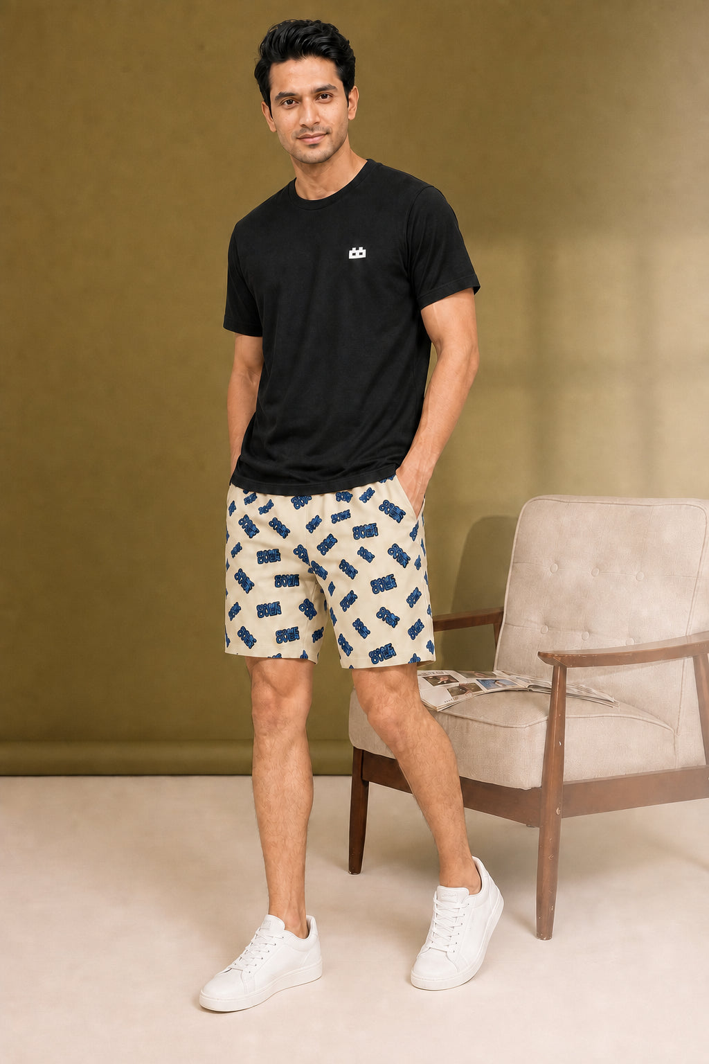 Boxy Crew Men Black Solid T-Shirt with Beige Boxer Shorts Night Suit & Loungewear Set – product image 3
