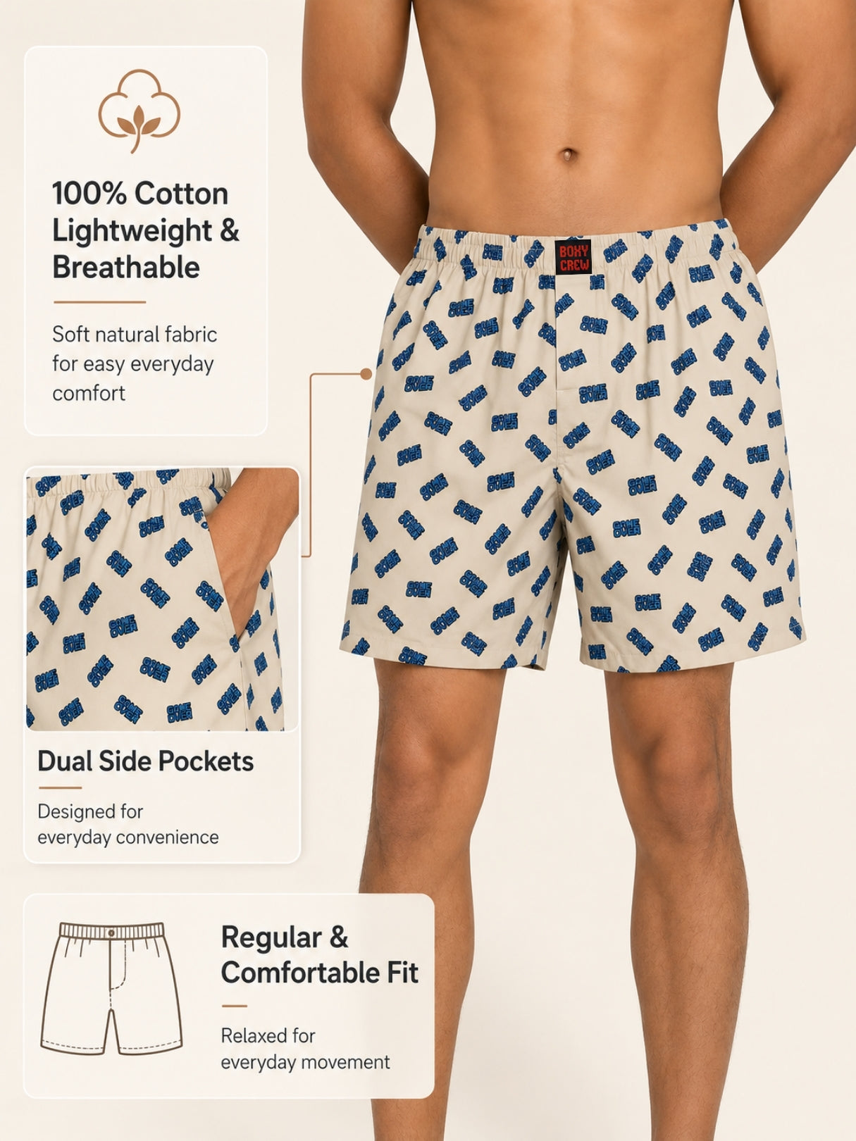 Boxy Crew Men Black Solid T-Shirt with Beige Boxer Shorts Night Suit & Loungewear Set – product image 5