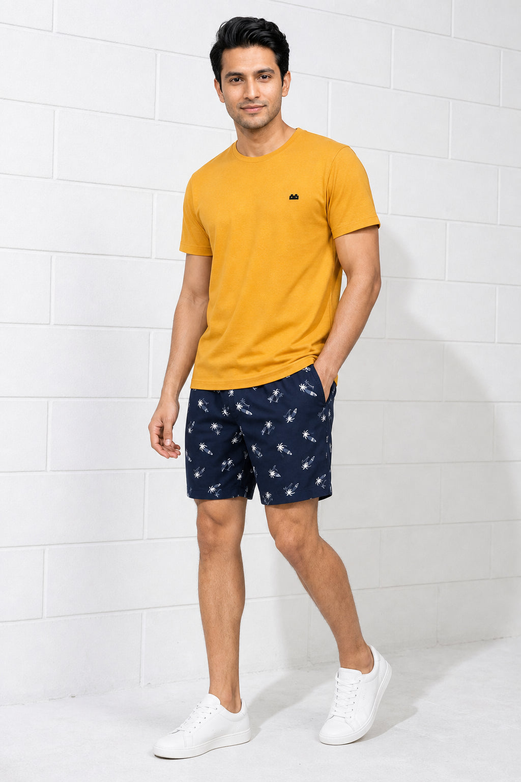 Boxy Crew Men Mustard Solid T-Shirt with Navy Blue Boxer Shorts Night Suit & Loungewear Set – product image 1