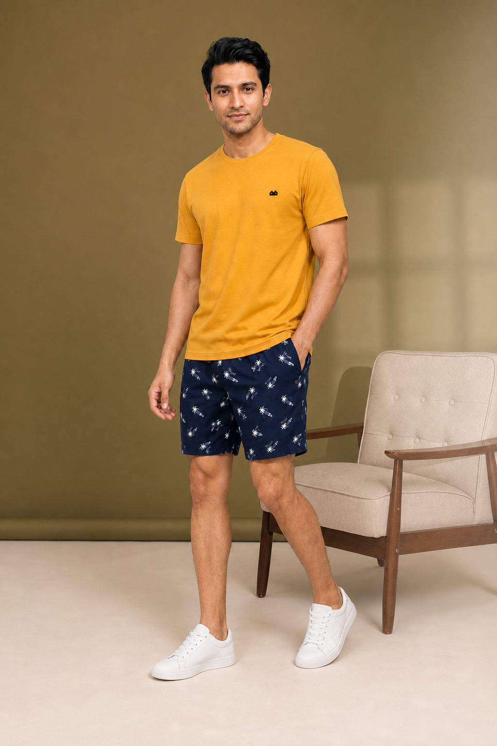 Boxy Crew Men Mustard Solid T-Shirt with Navy Blue Boxer Shorts Night Suit & Loungewear Set – product image 3