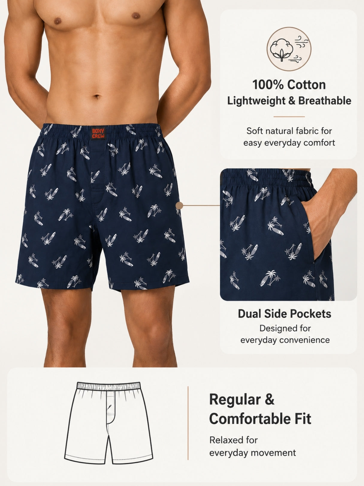 Boxy Crew Men Mustard Solid T-Shirt with Navy Blue Boxer Shorts Night Suit & Loungewear Set – product image 5