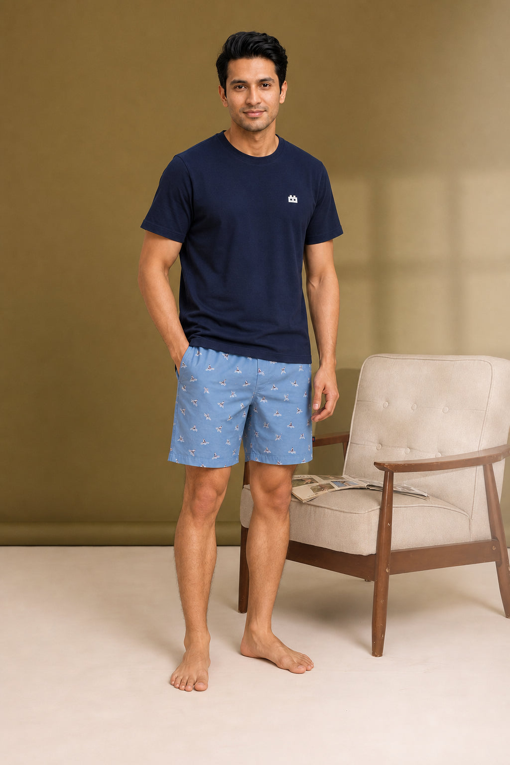 Boxy Crew Men Navy Blue Solid T-Shirt with Sky Blue Boxer Shorts Night Suit & Loungewear Set – product image 3