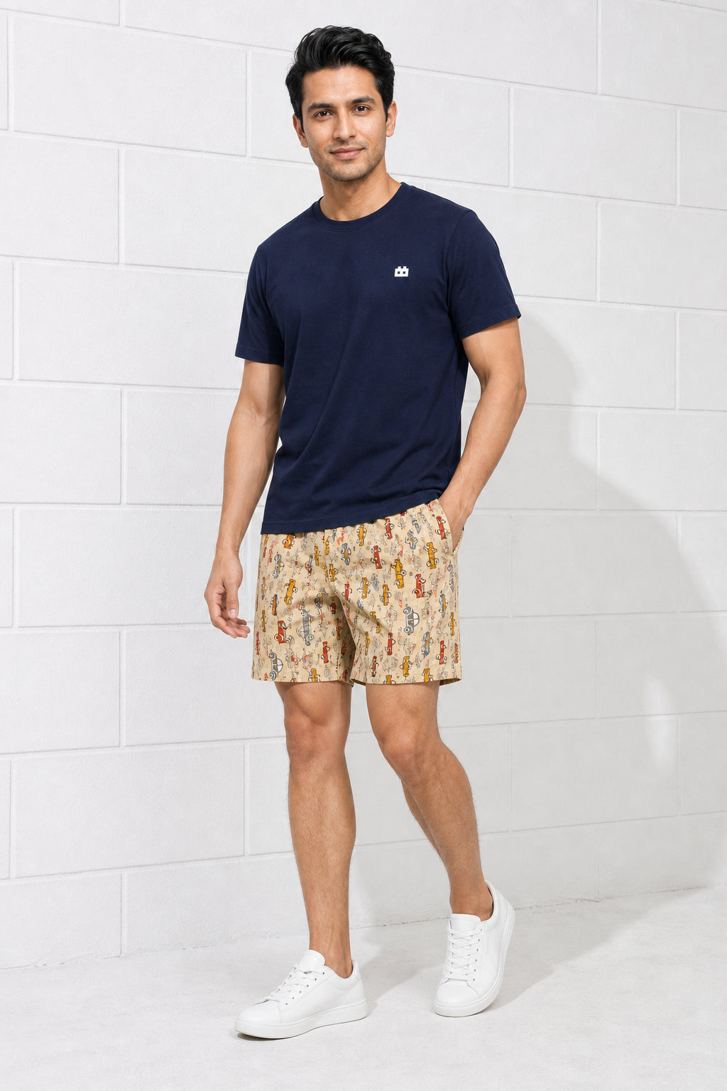 Boxy Crew Men Navy Blue Solid T-Shirt with Beige Boxer Shorts Night Suit & Loungewear Set – product image 1