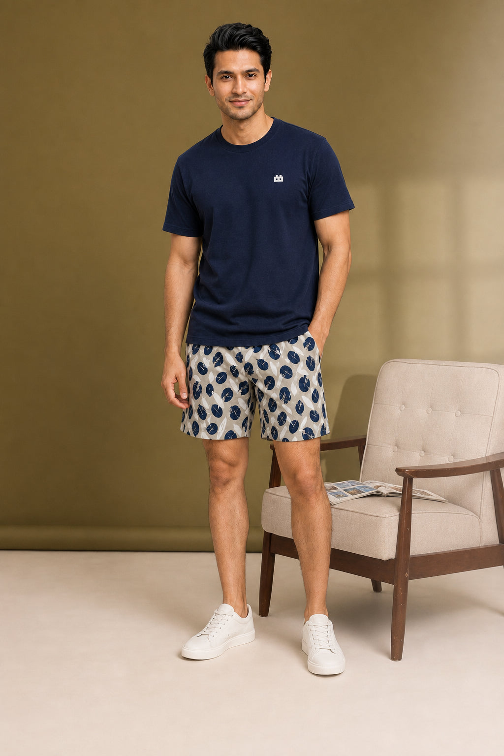 Boxy Crew Men Navy Blue Solid T-Shirt with Cream Boxer Shorts Night Suit & Loungewear Set – product image 3