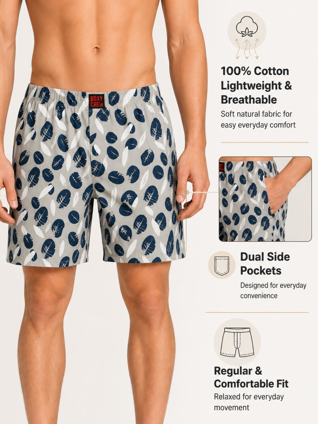 Boxy Crew Men Navy Blue Solid T-Shirt with Cream Boxer Shorts Night Suit & Loungewear Set – product image 5