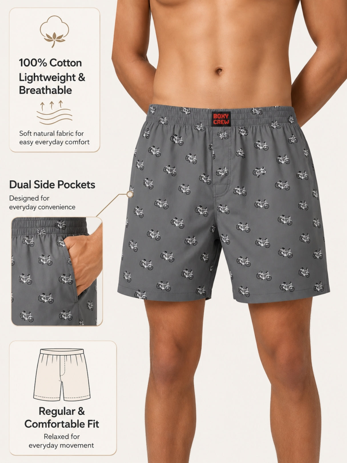Boxy Crew Men Navy Blue Solid T-Shirt with Grey Boxer Shorts Night Suit & Loungewear Set – product image 5