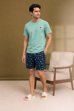 Boxy Crew Men Pista Green Solid T-Shirt with Navy Blue Boxer Shorts Night Suit & Loungewear Set – product image 3