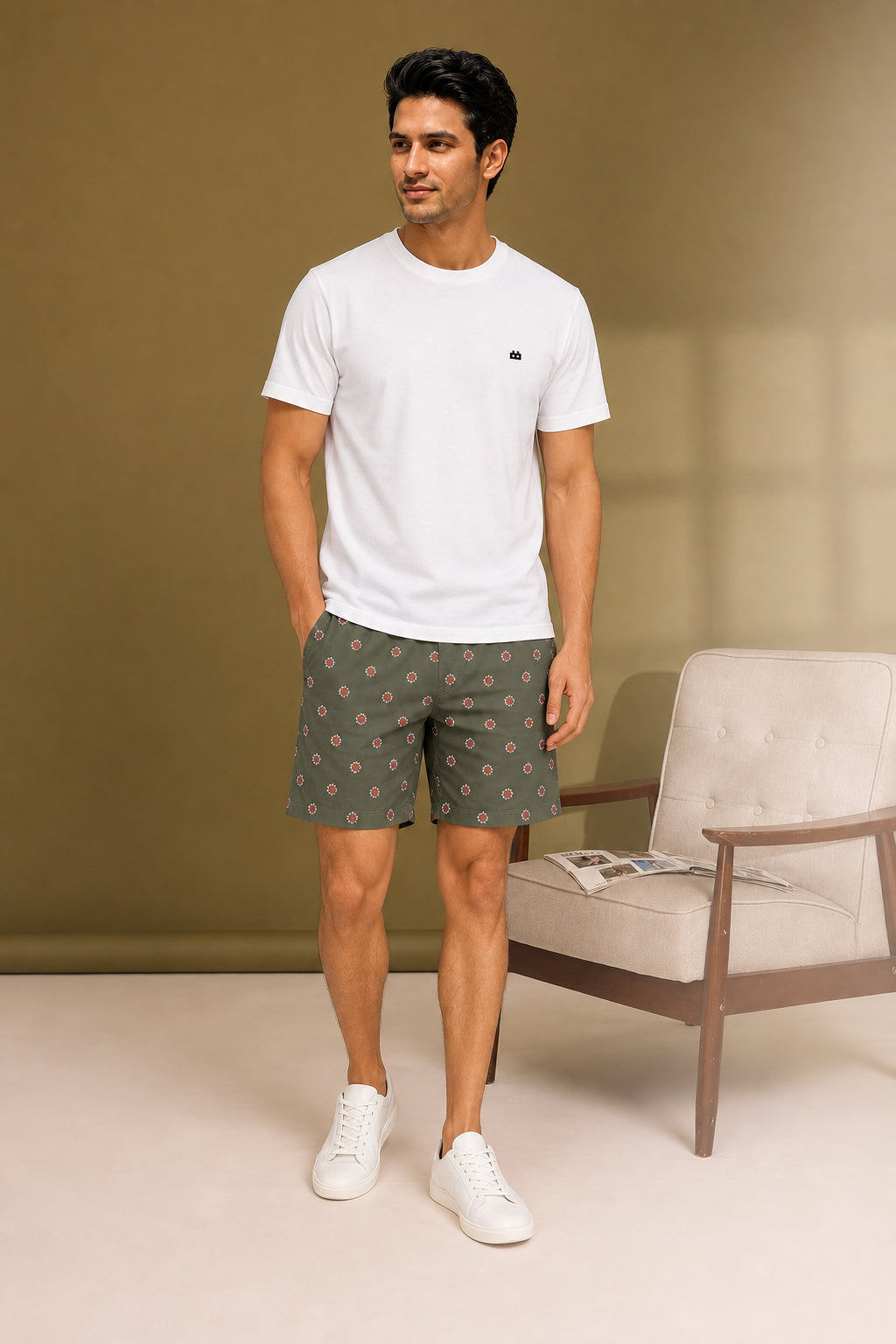 Boxy Crew Men White Solid T-Shirt with Olive Boxer Shorts Night Suit & Loungewear Set – product image 3