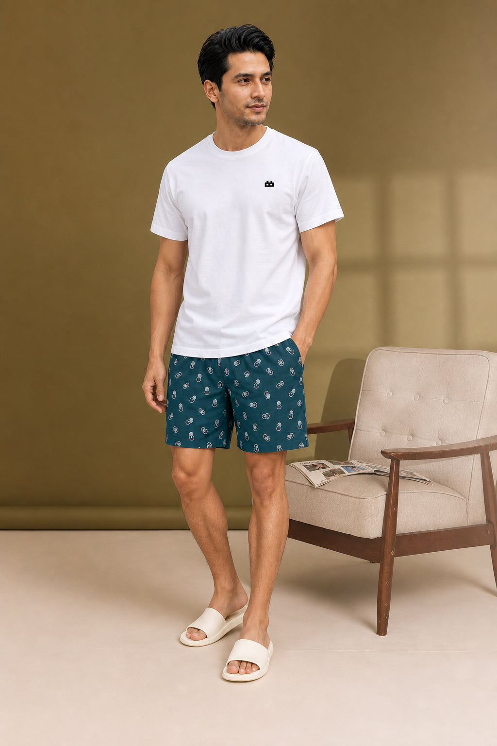 Boxy Crew Men White Solid T-Shirt with Teal Boxer Shorts Night Suit & Loungewear Set – product image 3