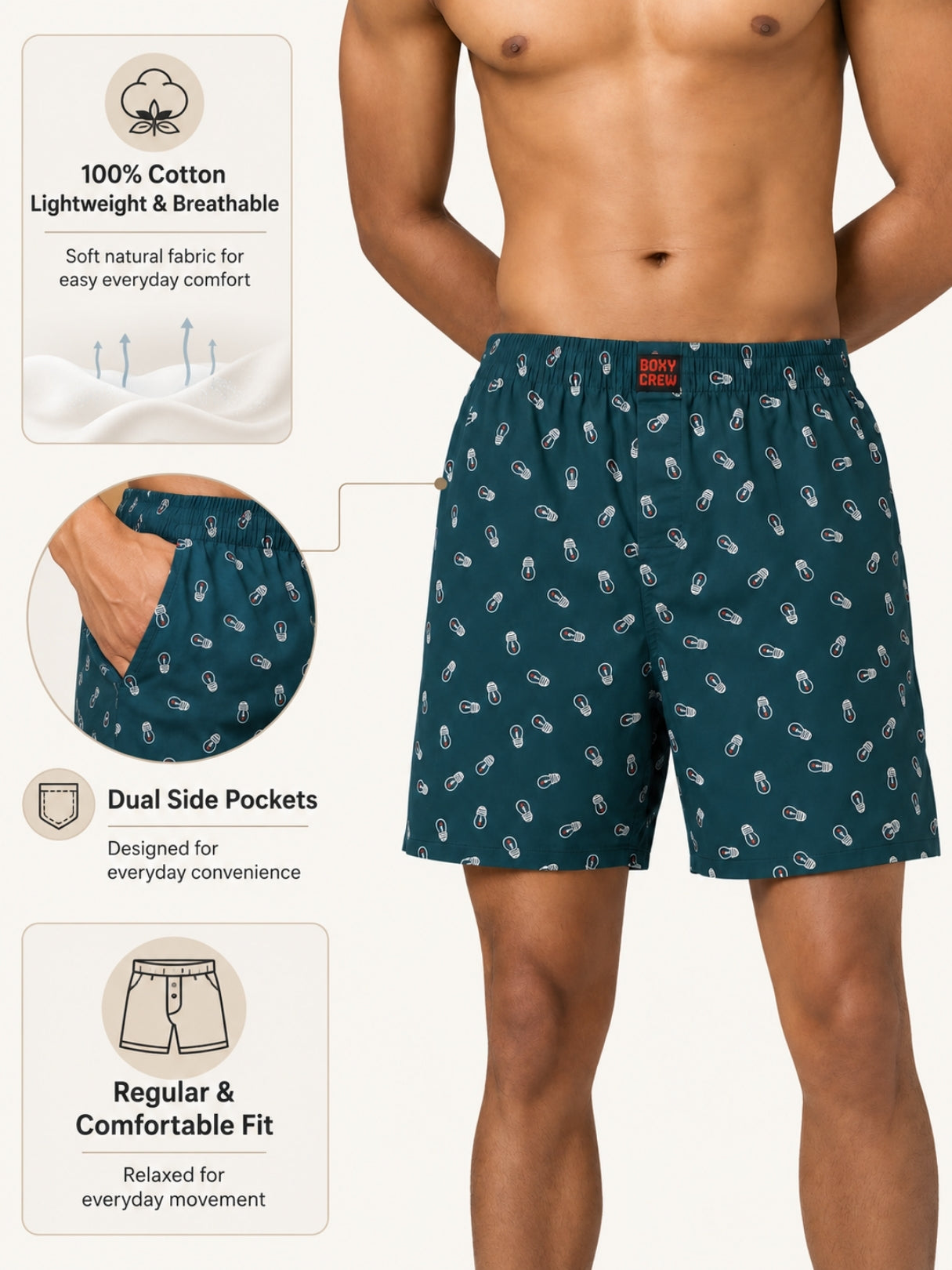 Boxy Crew Men White Solid T-Shirt with Teal Boxer Shorts Night Suit & Loungewear Set – product image 5