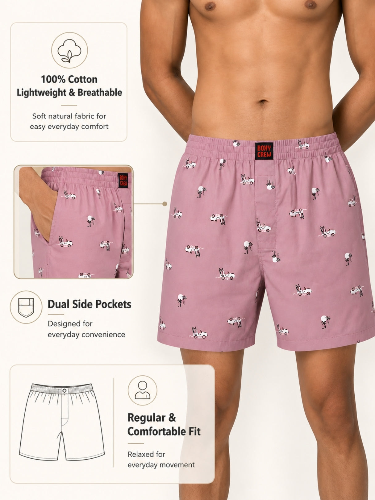 Boxy Crew Men White Solid T-Shirt with Pink Boxer Shorts Night Suit & Loungewear Set – product image 5
