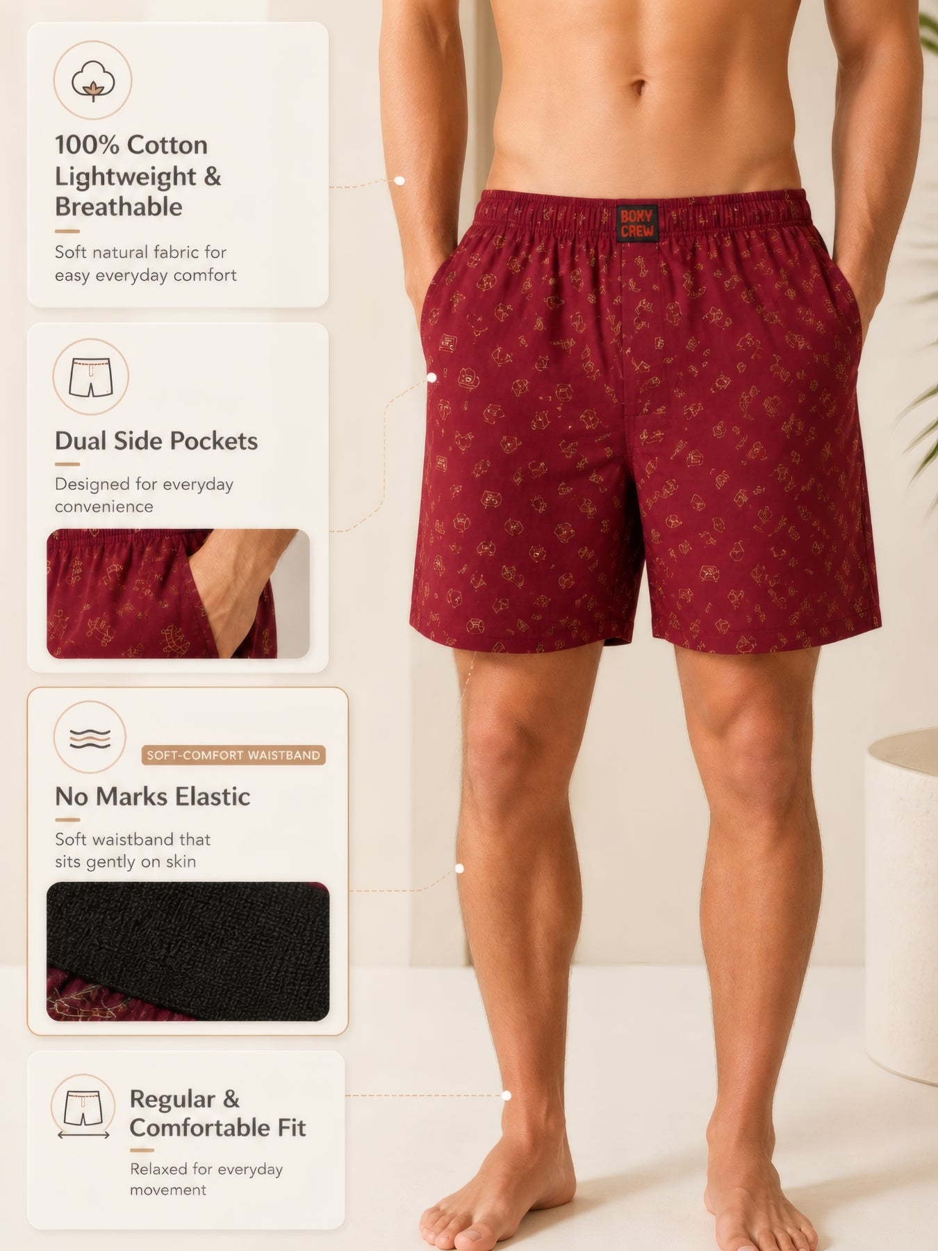 Boxy Crew Men White Solid T-Shirt with Brick Red Boxer Shorts Night Suit & Loungewear Set – product image 6