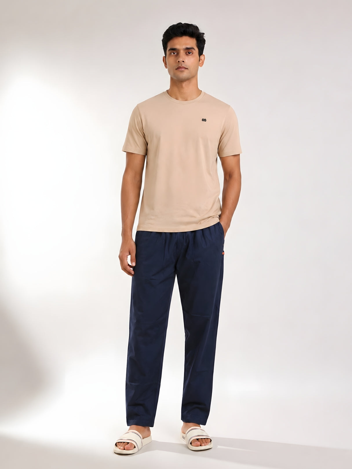 Boxy Crew Men's Night Suit Set - Beige T-Shirt & Navy Blue Solid Lounge Pyjama, 100% Cotton Sleepwear, No-Mark Elastic, Invisible Zip Pocket, Drawcord, Dual Pockets, – product image 1