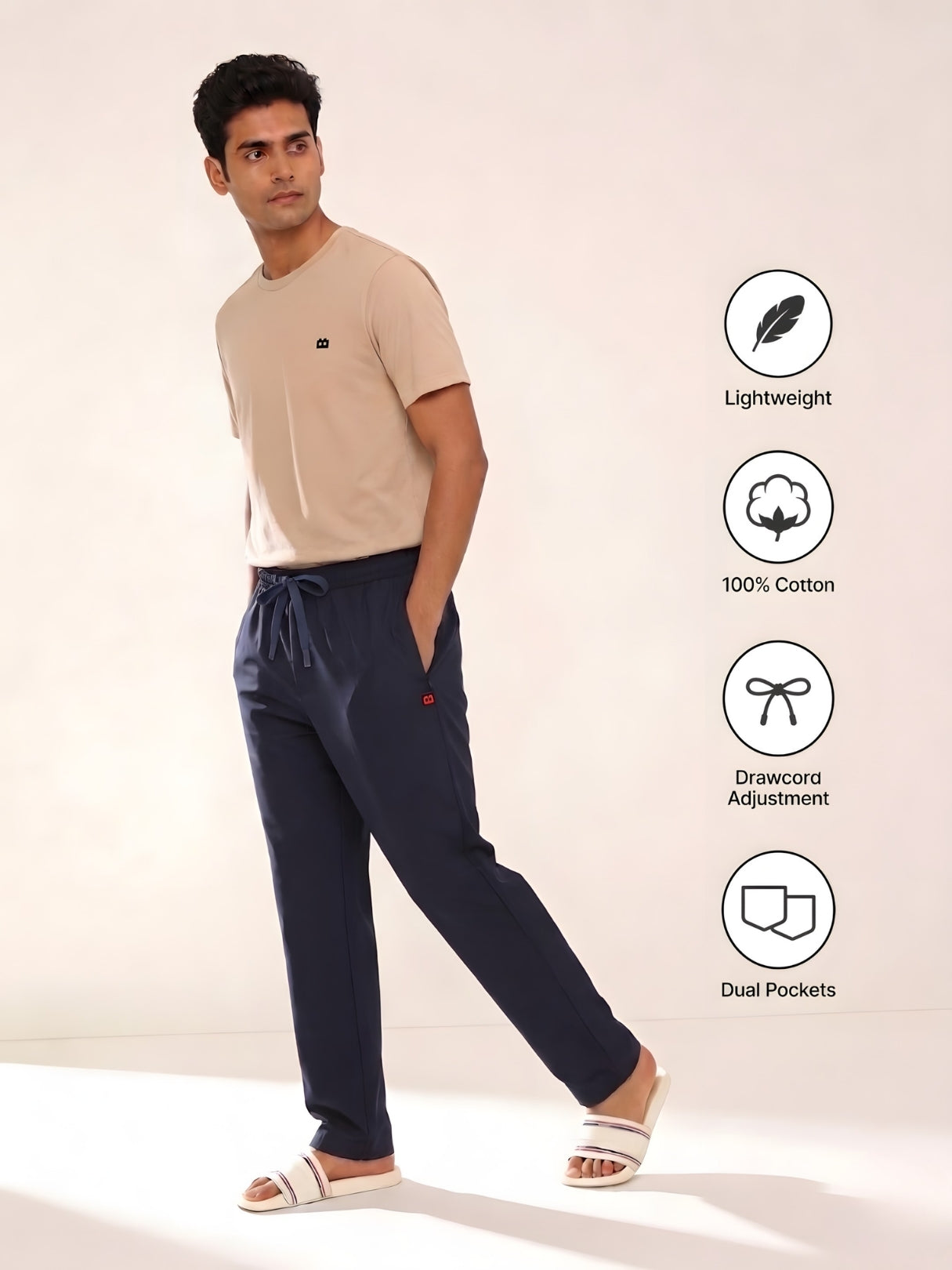 Boxy Crew Men's Night Suit Set - Beige T-Shirt & Navy Blue Solid Lounge Pyjama, 100% Cotton Sleepwear, No-Mark Elastic, Invisible Zip Pocket, Drawcord, Dual Pockets, – product image 5