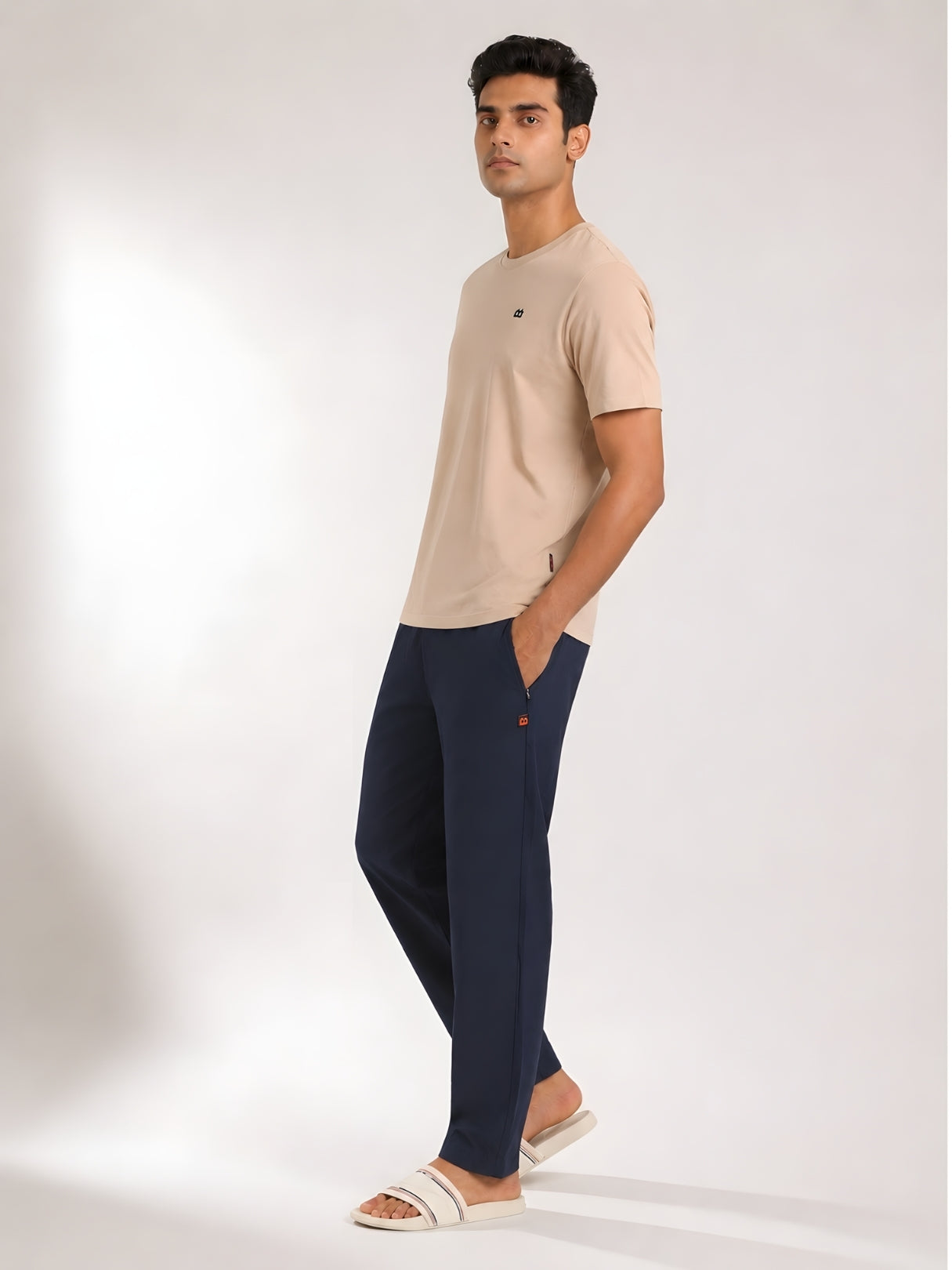 Boxy Crew Men's Night Suit Set - Beige T-Shirt & Navy Blue Solid Lounge Pyjama, 100% Cotton Sleepwear, No-Mark Elastic, Invisible Zip Pocket, Drawcord, Dual Pockets, – product image 7