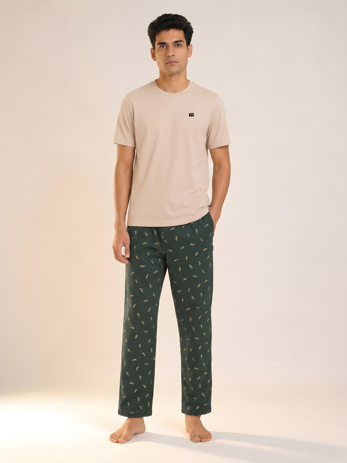 Boxy Crew Men's Night Suit Set - Beige T-Shirt & Dark Teal Printed Lounge Pyjama, 100% Cotton Sleepwear, No-Mark Elastic, Invisible Zip Pocket, Drawcord, Dual Pockets, – product image 1